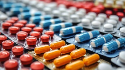 Obraz premium Assorted pharmaceutical pills and capsules in blister packs