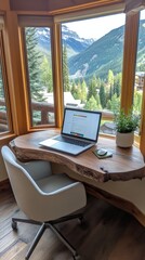 Fototapeta premium Cozy workspace with a mountain view and rustic wooden desk, AI