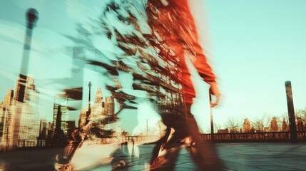 Blurry figure moves through an abstract cityscape, hinting at modern urban exploration and the transient nature of city life captured in an ethereal style.