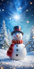 Fototapeta premium a magical and enchanting winter atmosphere. The snowman with a hat and scarf, surrounded by snow and snowy trees, creates a festive and joyful scene