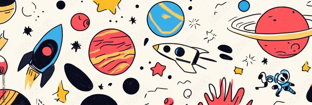 Poster playful doodles illustrate a vibrant cosmic scene with colorful planets, cheerful rockets, and adven