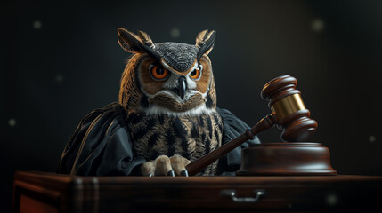 Wise owl in a judge suit and gavel with captivating eyes, dark background. Perfect for law concept