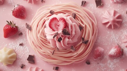 Fototapeta premium Sweet Pink Dessert with Strawberries and Chocolate Garnish