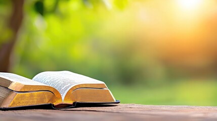 Divine light illuminating scripture in a tranquil garden filled with dew and vibrant colors