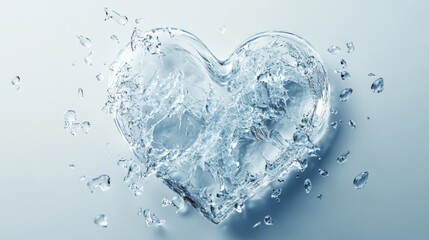 An intricate ice heart with delicate frost patterns and scattered water droplets on a smooth white background. A serene and elegant design that evokes a wintry, tranquil mood.