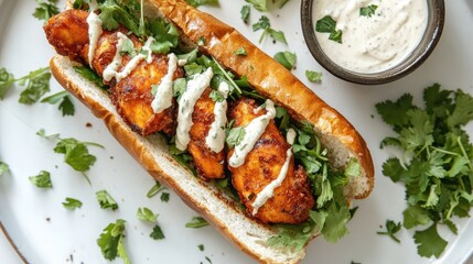 Delicious Chicken Sandwich with Fresh Herbs and Sauce