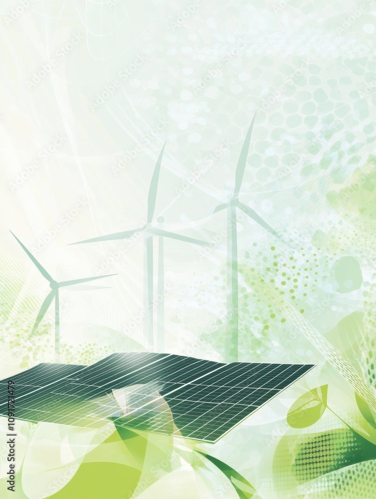 Aufkleber Solar panels and wind turbines generate clean energy in a serene landscape adorned with abstract green patterns, emphasizing sustainability. Generative AI