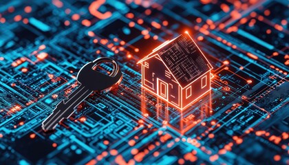 Obraz premium Key with a hologram house keychain on a digital background, symbolizing smart home technology integration in real estate.