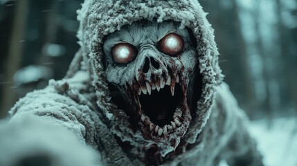 A terrifying frost-covered creature with sharp fangs and glowing eyes, evoking fear and suspense, set against a snowy, eerie forest backdrop.