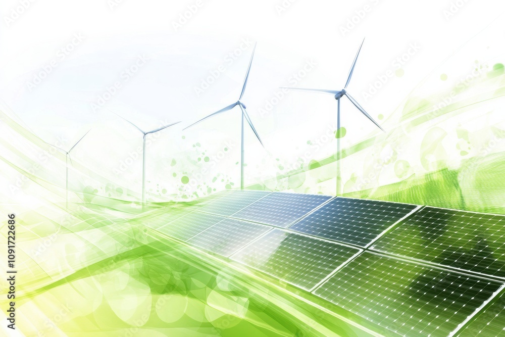 Poster solar panels and wind turbines are showcased with a minimalistic background, highlighting the import
