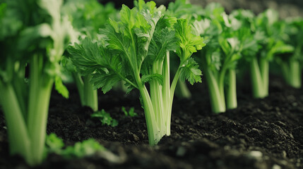 Obraz premium Fresh Celery Stalks Growing in Rich Soil Organic Farm Healthy Food Agriculture