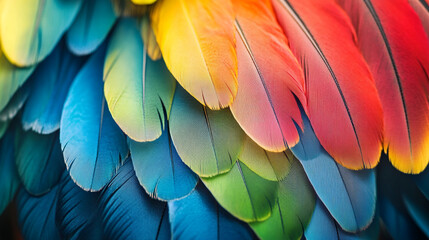 Fototapeta premium Vibrant bright multicolored beautiful parrot bird feathers close-up.