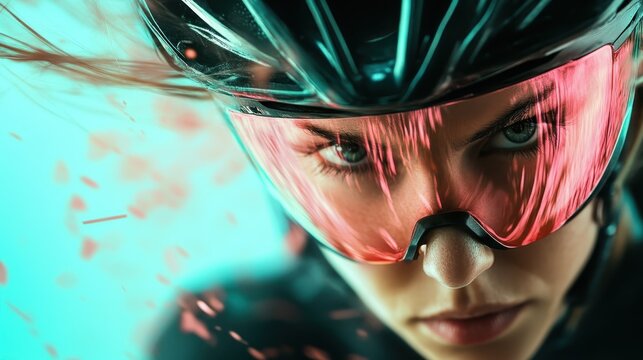 A close-up image of a cyclist with a futuristic visor reflecting vibrant colors, showing determination and focus while cycling at high speed.