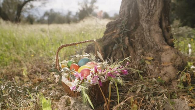 A Basket Filled with Easter Eggs and Flowers Rests Under a Tree in a Sunlit Field. Slow motion.