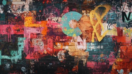 Obraz premium A vibrant and chaotic graffiti mural on a textured brick wall, showcasing overlapping layers of bold colors, shapes, and abstract symbols. Urban street art.