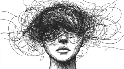Continuous one line drawing of a woman with confused feelings worried about bad mental health. Problems, stress, sad and depression concept in doodle style. Liner Vector illustration