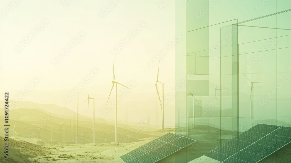 Poster solar panels and wind turbines against a minimalist backdrop showcase renewable energy's bright futu
