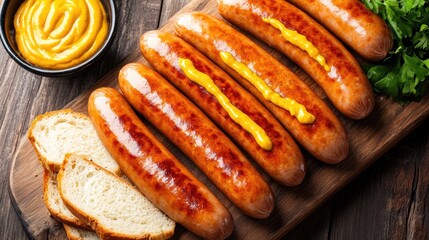 Delicious Grilled Sausages with Mustard and Bread