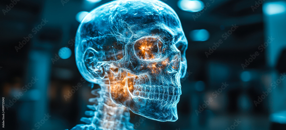 Poster futuristic digital rendering of human skull with neural network visualization in blue light