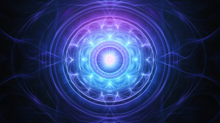 Radiant light mandala with glowing patterns in blue and purple hues, symbolizing unity and energy