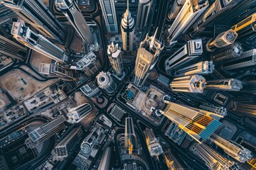 The bustling city of Dubai showcases its impressive skyline from above, with towering skyscrapers reflecting the warm glow of sunset and a complex layout of streets below.