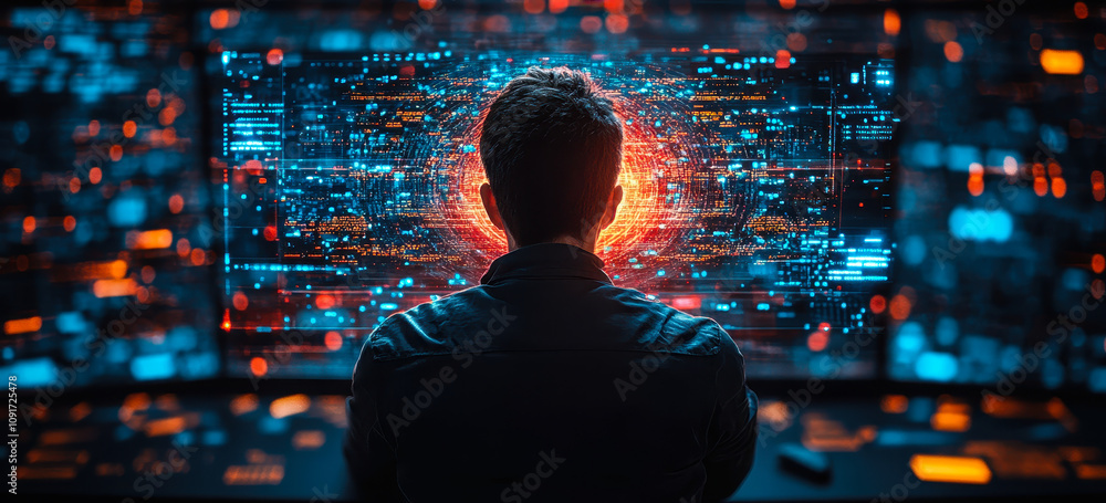 Poster businessman protects data with cybersecurity and encryption for online transactions