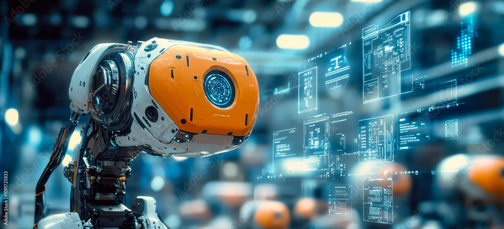 Poster advanced industrial robot with ai interface in futuristic factory setting