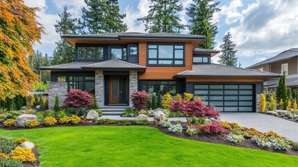 Modern custom suburban home exterior with landscaped front yard a?" ar 5:2