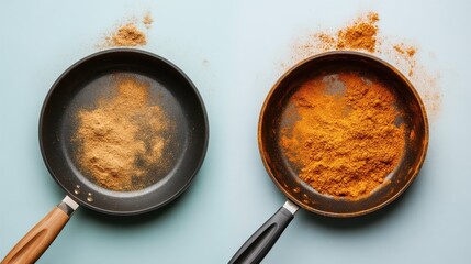 Two frying pans filled with various colored powdery residues placed on an aqua background, emphasizing culinary experiments and the passage of time through cooking.