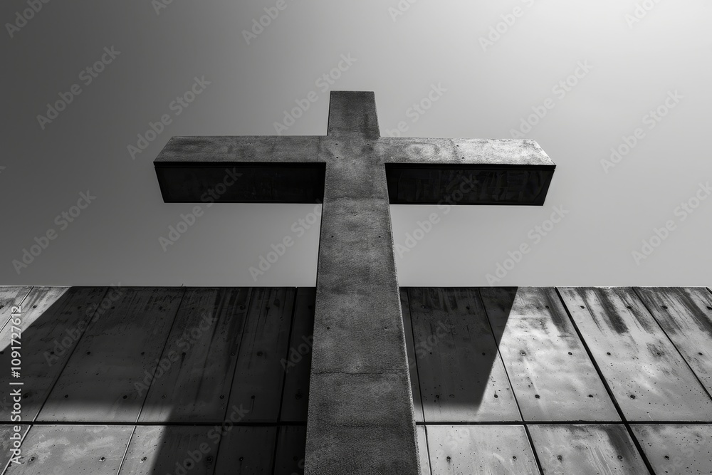 Poster a large concrete cross dominates the view against a bright sky, casting distinct shadows on the text