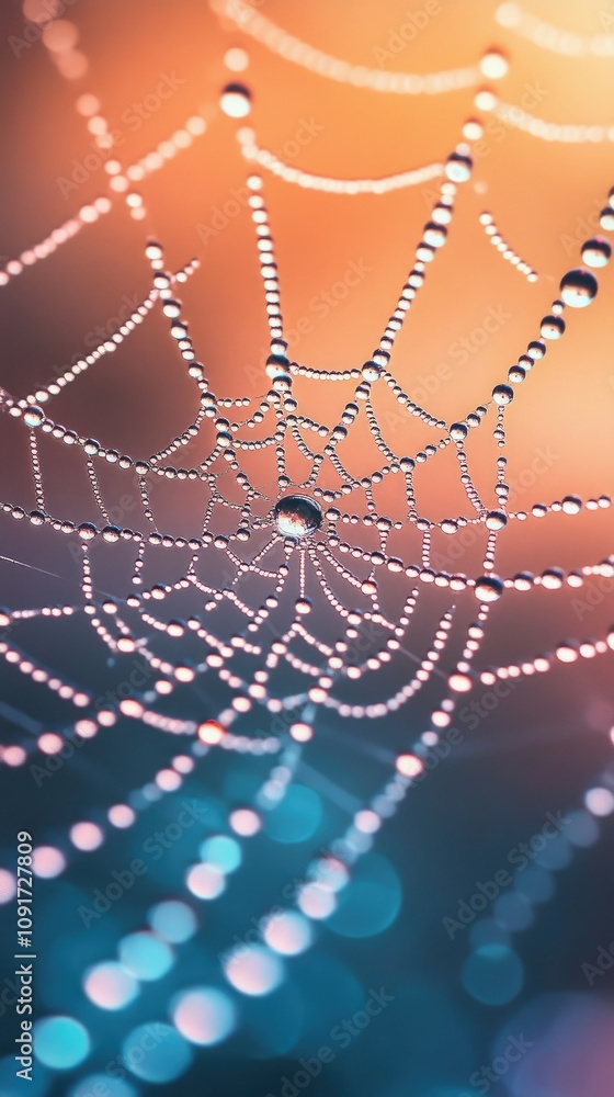 Poster intricate spider web adorned with shimmering droplets against a backdrop of enchanting sunset hues