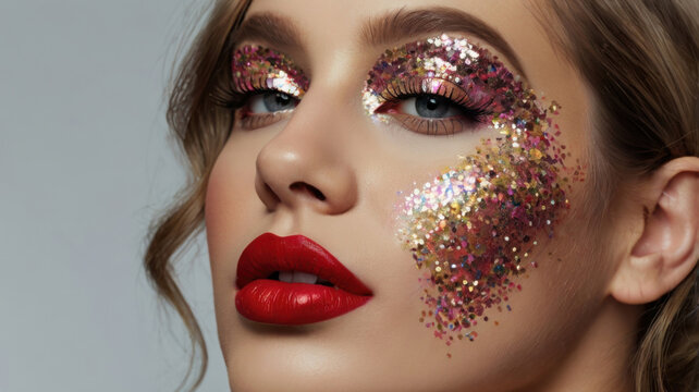 Mujer con maquillaje festivo colorido brillo
