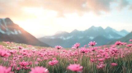 Fototapeta premium Expansive pink flowers with majestic mountain range backdrop picture