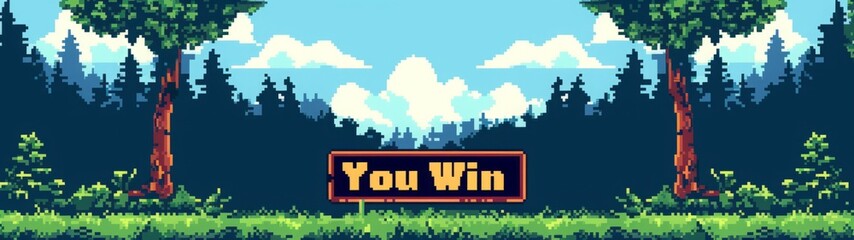 Fototapeta premium Pixel art 'You Win' screen in a vibrant meadow with trees, grass, and clouds. Retro gaming victory banner. Generative AI