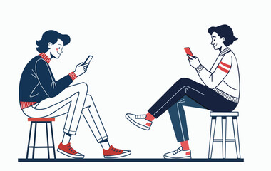 illustration of two  person sitting on a stool and holds a smartphone