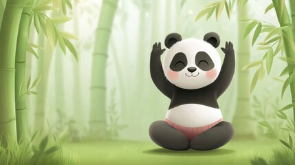 Obraz premium Cute panda meditating in a serene bamboo forest, exuding calm and tranquility, AI
