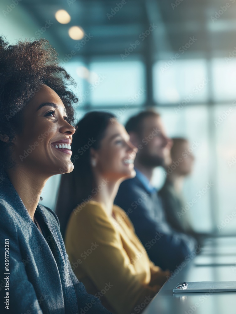 Poster portrait of a smiling group of diverse corporate colleagues standing in a row together at a table in
