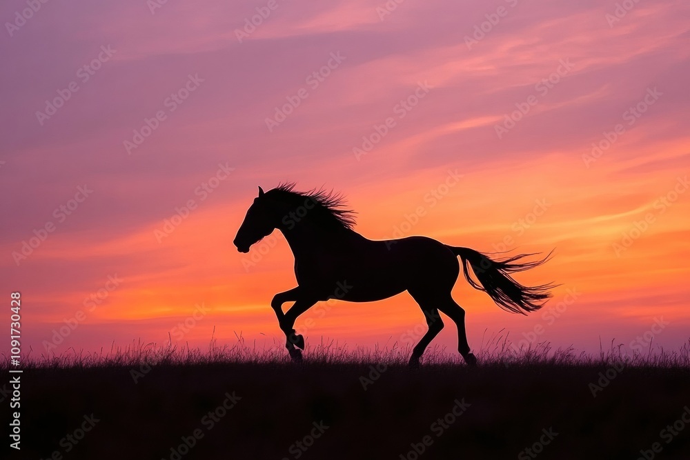 Poster a horse runs freely across an open field as the sun sets, casting dramatic colors in the sky above, 