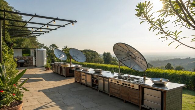 Openair kitchen with several solar cookers arranged in a line.