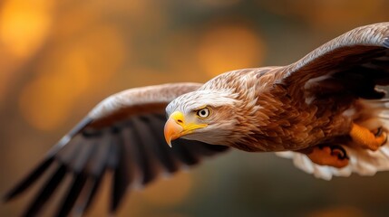 A close-up of a majestic eagle in flight against a backdrop of vibrant autumn skies, capturing the essence of freedom, power, and grace in natural elegance.