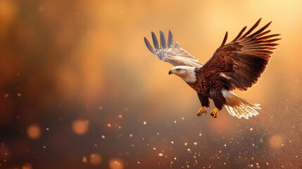 Obraz premium A magnificent eagle gracefully soars amidst a glowing sunset, capturing the beauty of freedom and strength in the natural world, illuminated by a golden light.