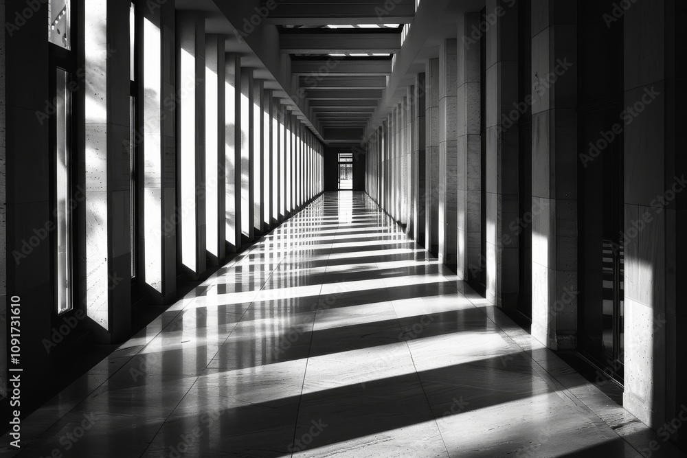 Poster bright sunlight streams through columns along a corridor, casting patterned shadows on the polished 