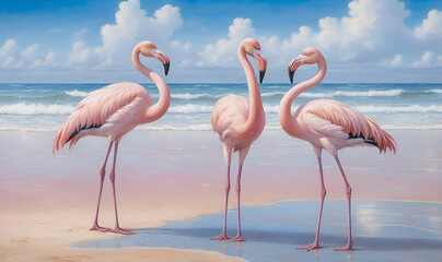 Obraz premium Flamingos on the beach, reflection on wet sand.
