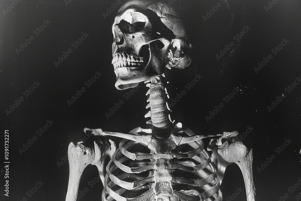 Poster a detailed skeleton model is positioned slightly to the side in a laboratory, highlighting its bone 
