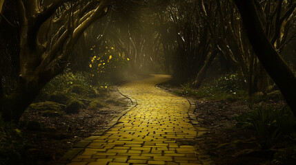 A decrepit and old yellow brick road winds through a dark and mysterious forest. Scary Wizard of Oz concept.