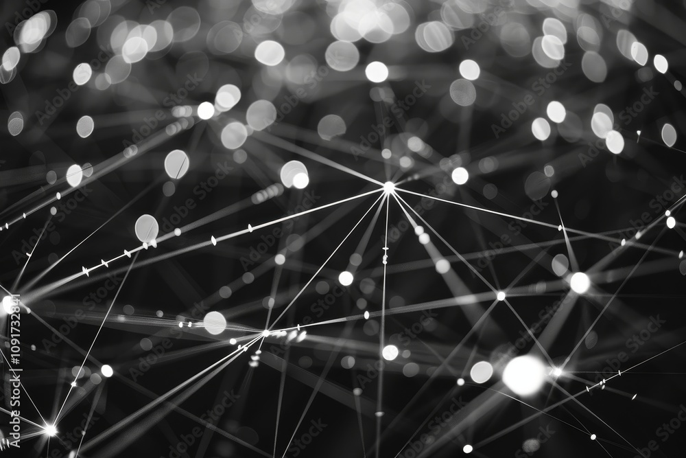Poster a network of bright light points connected by thin lines showcased in black and white, symbolizing d