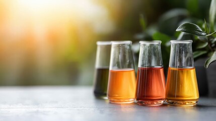 An array of vibrant chemical solutions in transparent glass beakers is displayed, symbolizing creativity and scientific experimentation.