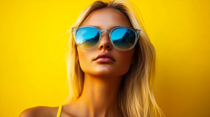 Fototapeta premium Young woman posing confidently in oversized sunglasses against a vibrant yellow background during a sunny day