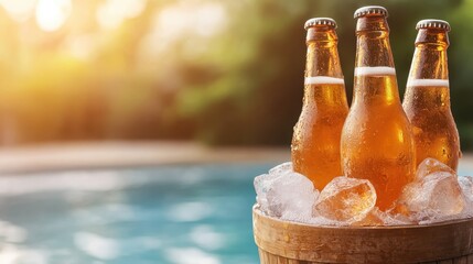 Image showing three cold beer bottles nestled in ice beside a pool, symbolizing relaxation and enjoyment during sunny days, perfect for social occasions.