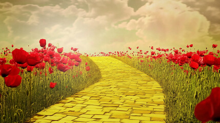 Yellow brick road winding through a field of poppies. Wizard of Oz concept.
